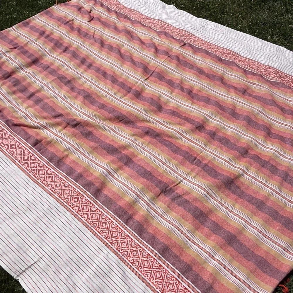 Vintage 100% Cotton Handwoven Colorful MCM Striped Blanket Rug Bangladesh 96x82